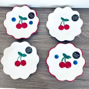 NWT Gorgeous Luna & Sage Set of 4 White Red Green Cherries Ceramic 6” Plates
